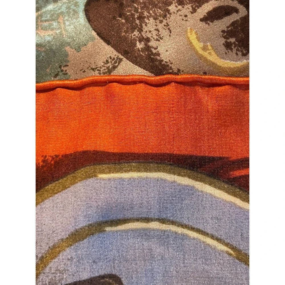 100% Silk Scarf Ancient Chinese Coin Print Square Hand Rolled